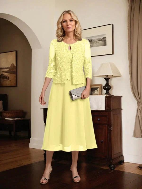 A-line Scoop Tea-Length Lace Chiffon Mother of the Bride Dress With Sequins by Dreamylily