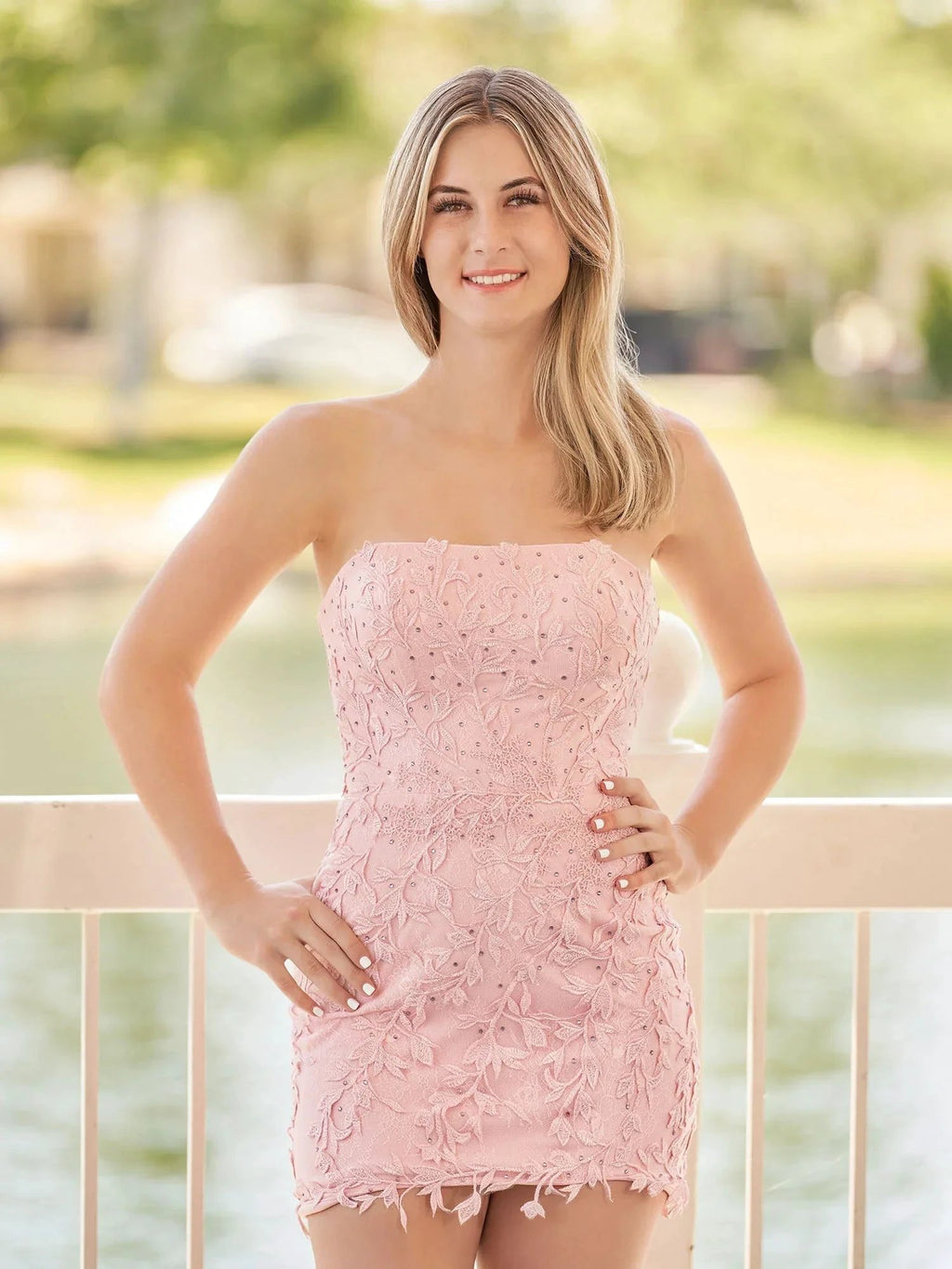 Pink Tight Short Lace Homecoming Dress with Appliques by Kissprom