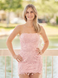 Pink Tight Short Lace Homecoming Dress with Appliques by Kissprom