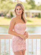 Pink Tight Short Lace Homecoming Dress with Appliques by Kissprom