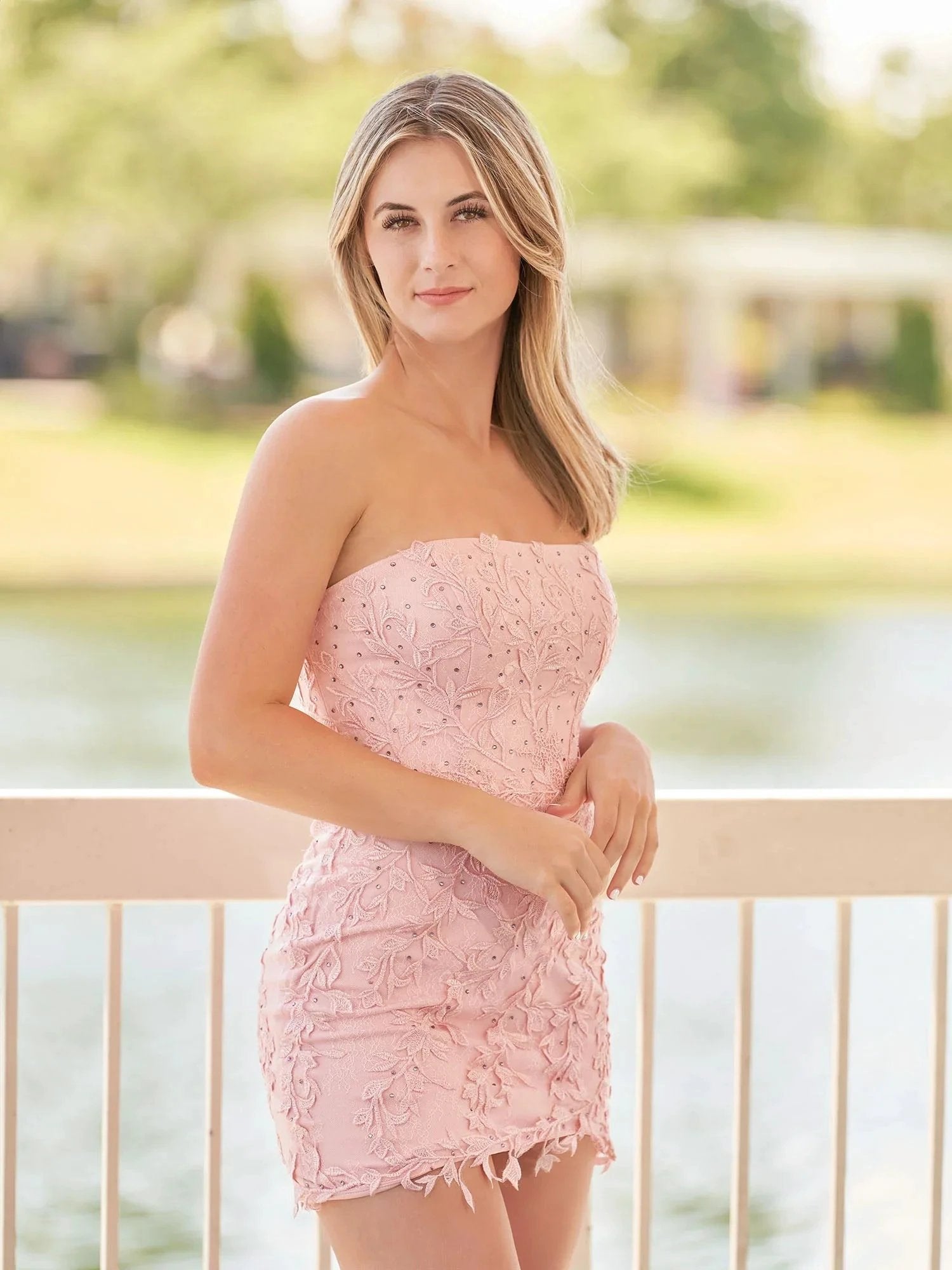 Pink Tight Short Lace Homecoming Dress with Appliques by Kissprom