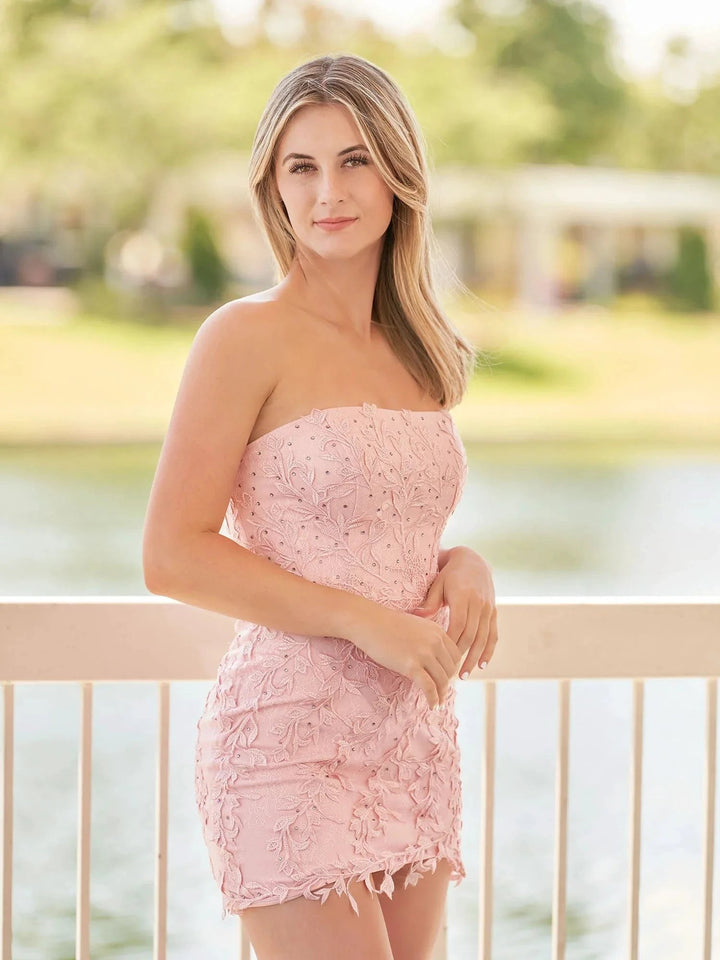 Pink Tight Short Lace Homecoming Dress with Appliques by Kissprom