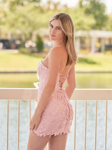 Pink Tight Short Lace Homecoming Dress with Appliques