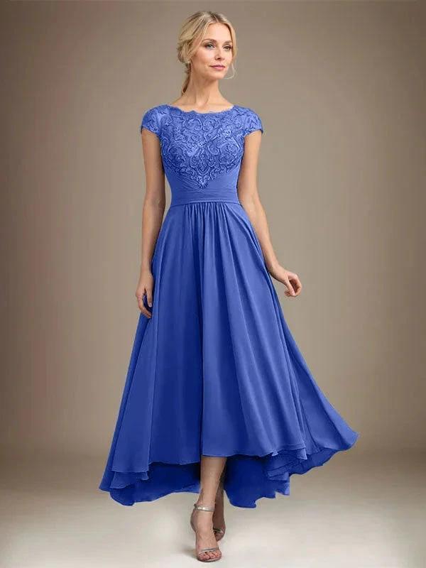 A-line Scoop Illusion Asymmetrical Lace Chiffon Mother of the Bride Dress With Pleated by Dreamylily