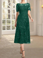 A-line Scoop Illusion Tea-Length Lace Mother of the Bride Dress With Sequins by Dreamylily