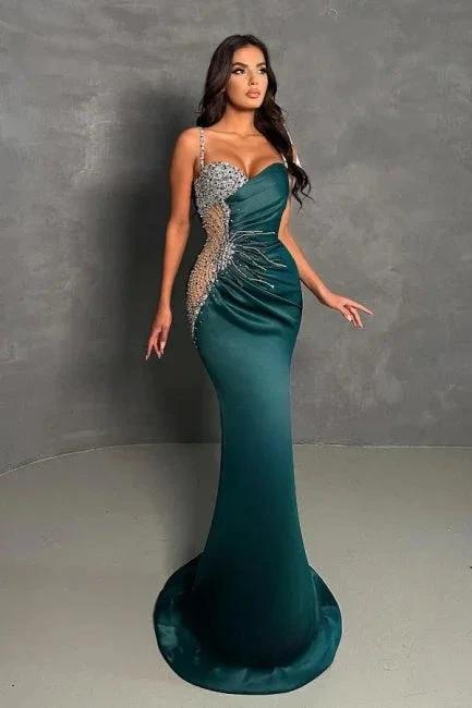 Dark Green Column Spaghetti Straps Beadings Sleeveless Prom Dresses with Ruffles by misshow.com