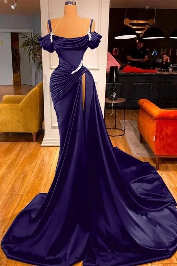 Dark Green Long Off-the-Shoulder Mermaid Prom Dress with Slit by BIZTUNNEL