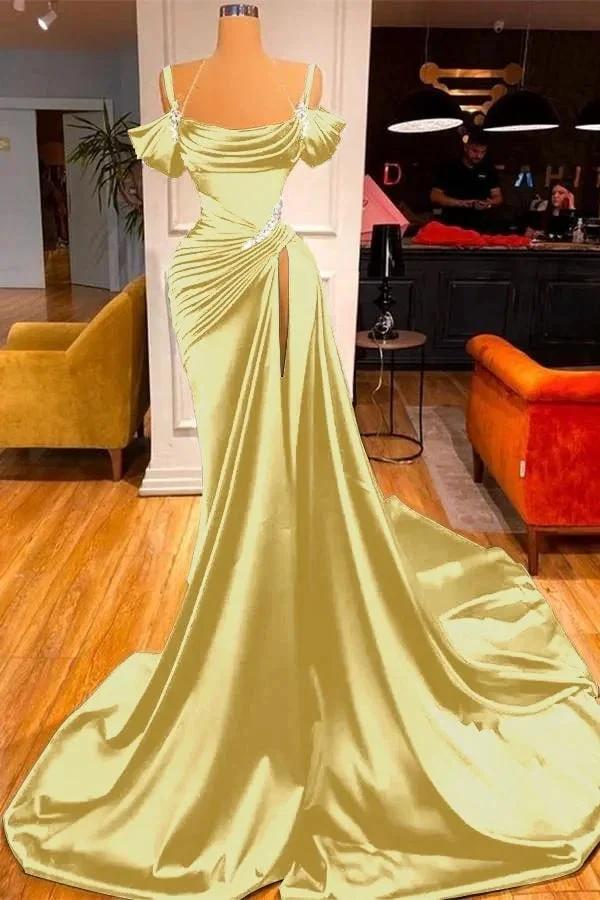 Dark Green Long Off-the-Shoulder Mermaid Prom Dress with Slit by BIZTUNNEL