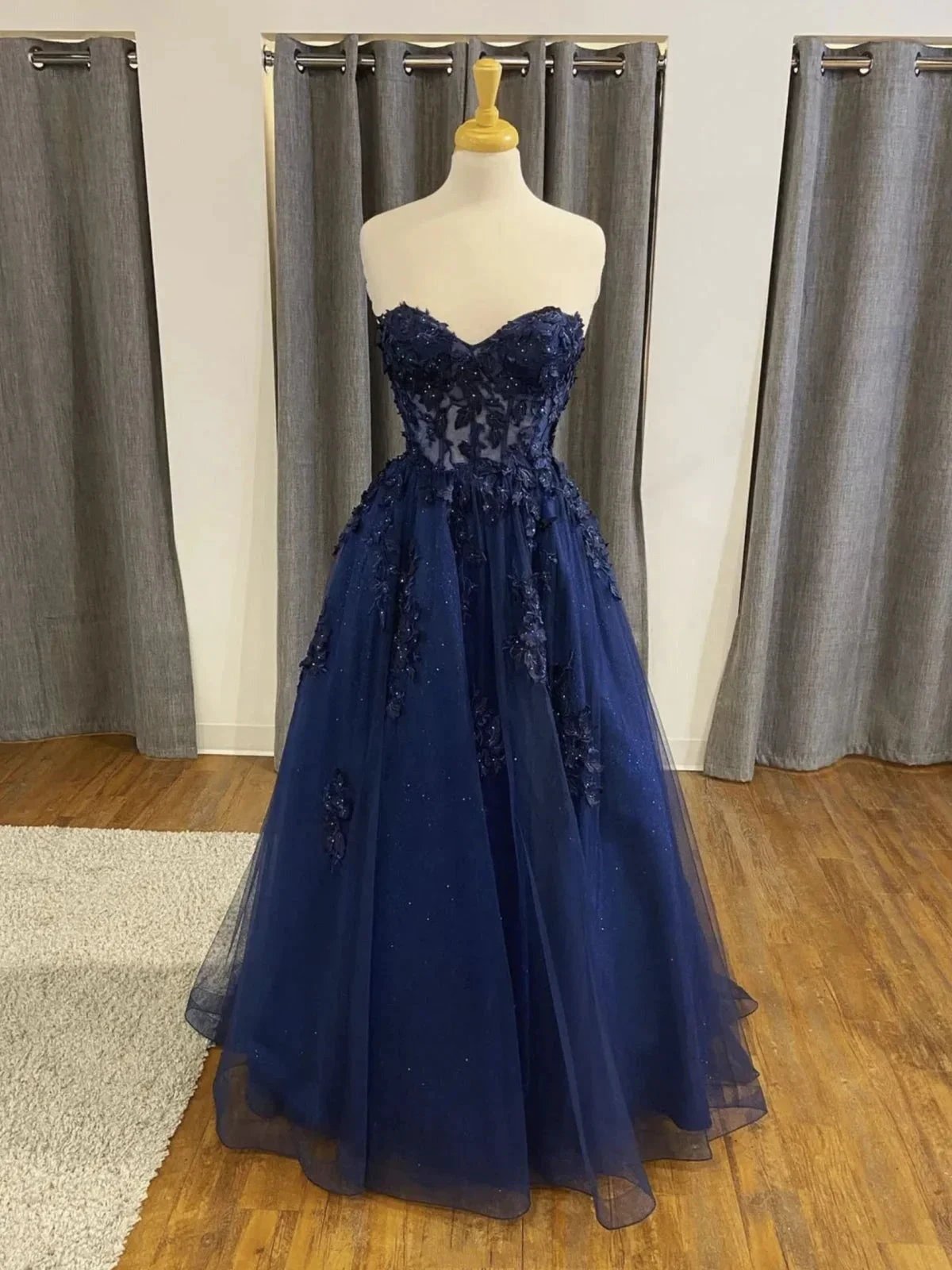Dark Navy Long A-line Tulle Lace Backless Formal Prom Dresses by BIZTUNNEL