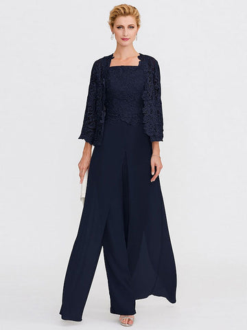 3 Piece Chiffon Square Neck Mother of the Bride Pantsuits with Jacket