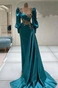 Luxurious Jewel Long Sleeves Satin Mermaid Prom Dresses by BIZTUNNEL