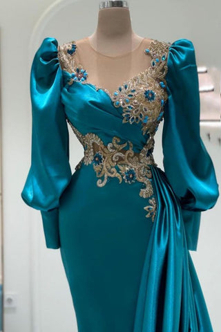 Luxuriöses, langärmliges Meerjungfrau-Ballkleid aus Satin