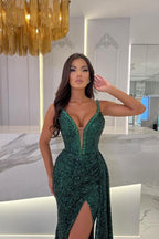 Dunkelgrüne Meerjungfrau V-Ausschnitt Spaghettiträger Pailletten Lange Ballkleider mit Schlitz