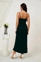 Numbersea Spaghetti Chiffon V Neck Bridesmaid Dress Mid-Length Slit Formal Prom Dress Homecoming Dress 2803 by numbersea