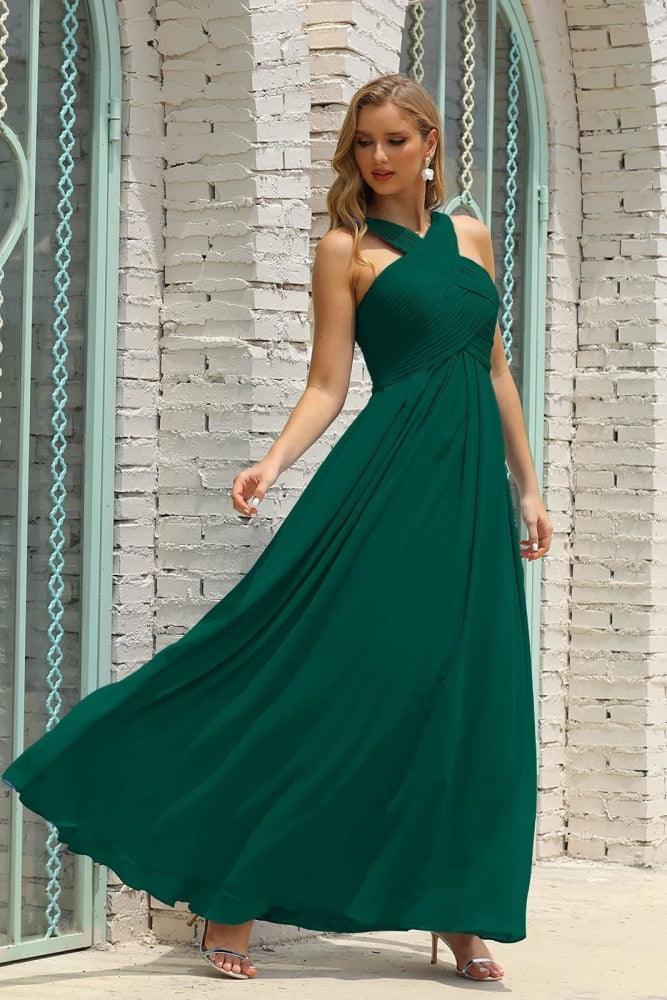 Vestido de dama de honor de gasa con cuello halter para mujer de Numbersea, corte A, largo, formal, para fiesta de graduación, SEA28015 