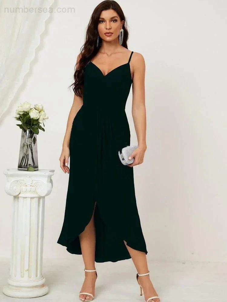 Numbersea Spaghetti Chiffon V Neck Bridesmaid Dress Mid-Length Slit Formal Prom Dress Homecoming Dress 2803 by numbersea