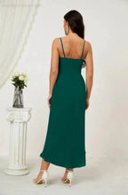 Numbersea Spaghetti Chiffon V Neck Bridesmaid Dress Mid-Length Slit Formal Prom Dress Homecoming Dress 2803 by numbersea