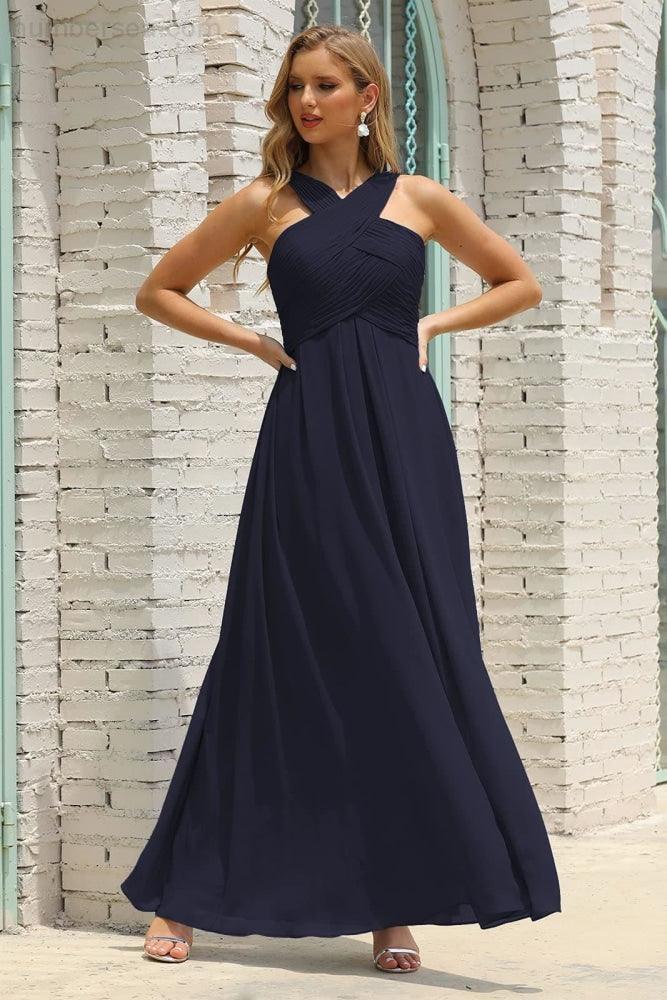 Vestido de dama de honor de gasa con cuello halter para mujer de Numbersea, corte A, largo, formal, para fiesta de graduación, SEA28015 