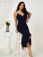 Numbersea Spaghetti Chiffon V Neck Bridesmaid Dress Mid-Length Slit Formal Prom Dress Homecoming Dress 2803 by numbersea