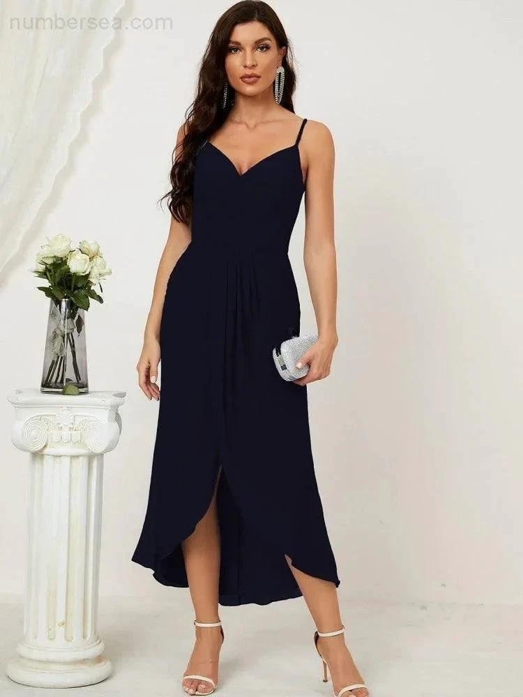 Numbersea Spaghetti Chiffon V Neck Bridesmaid Dress Mid-Length Slit Formal Prom Dress Homecoming Dress 2803 by numbersea