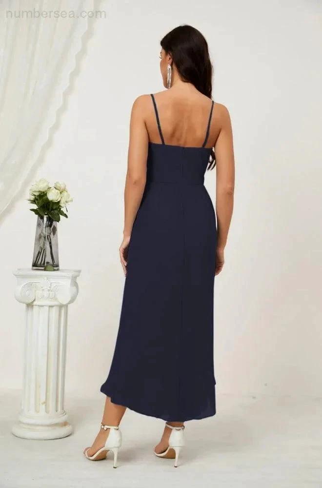 Numbersea Spaghetti Chiffon V Neck Bridesmaid Dress Mid-Length Slit Formal Prom Dress Homecoming Dress 2803 by numbersea