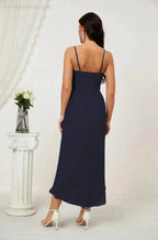Numbersea Spaghetti Chiffon V Neck Bridesmaid Dress Mid-Length Slit Formal Prom Dress Homecoming Dress 2803 by numbersea