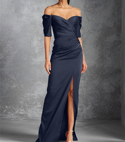Vestidos para madre de la novia con corte tubo, hombros descubiertos, mangas cortas y largo hasta el suelo con abertura frontal 