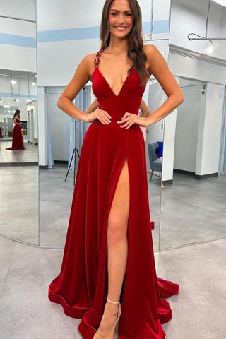 Vestido de fiesta de terciopelo rojo oscuro con escote en V y tirantes finos, PSK545