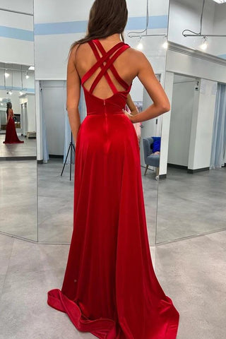 Vestido de fiesta de terciopelo rojo oscuro con escote en V y tirantes finos, PSK545
