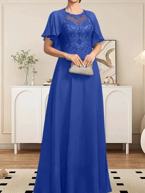 A-line Scoop Illusion Floor-Length Lace Chiffon Mother of the Bride Dress With Sequins by Dreamylily