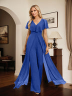 Jumpsuit/Pantsuit V-Neck Floor-Length Chiffon Evening Dress