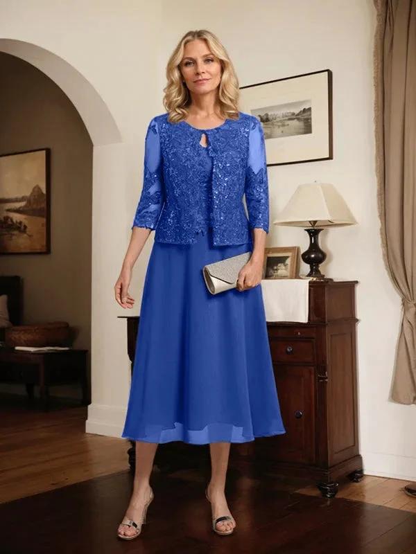 A-line Scoop Tea-Length Lace Chiffon Mother of the Bride Dress With Sequins by Dreamylily