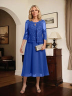 A-line Scoop Tea-Length Lace Chiffon Mother of the Bride Dress With Sequins by Dreamylily