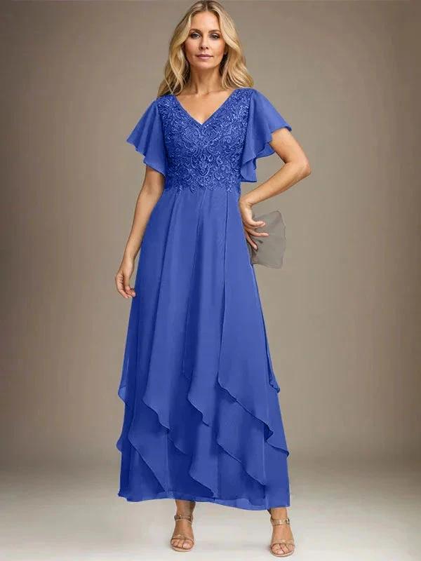 A-line V-Neck Ankle-Length Lace Chiffon Mother of the Bride Dress With Cascading Ruffles by Dreamylily
