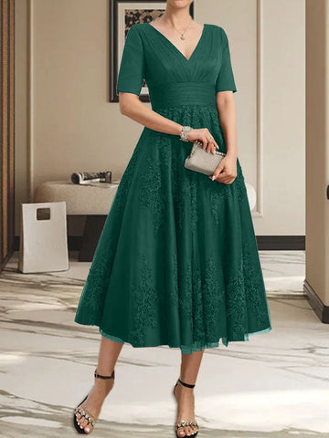 A-line V-Neck Tea-Length Tulle Lace Mother of the Bride Dress With Pleated