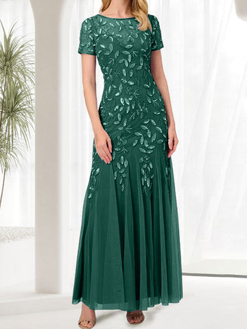 Vestido largo de sirena azul con cuello redondo para madre de la novia con cuentas