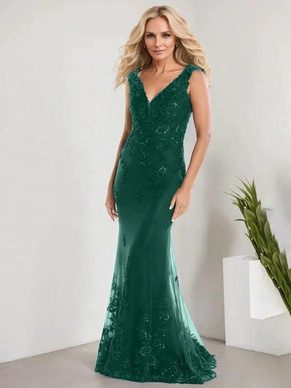 A-line V-Neck Floor-Length Lace Chiffon Mother of the Bride Dress With Applique Sequins Mermaid Dresses by Dreamylily