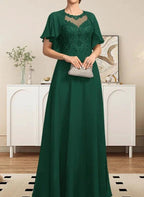A-line Scoop Illusion Floor-Length Lace Chiffon Mother of the Bride Dress With Sequins by Dreamylily