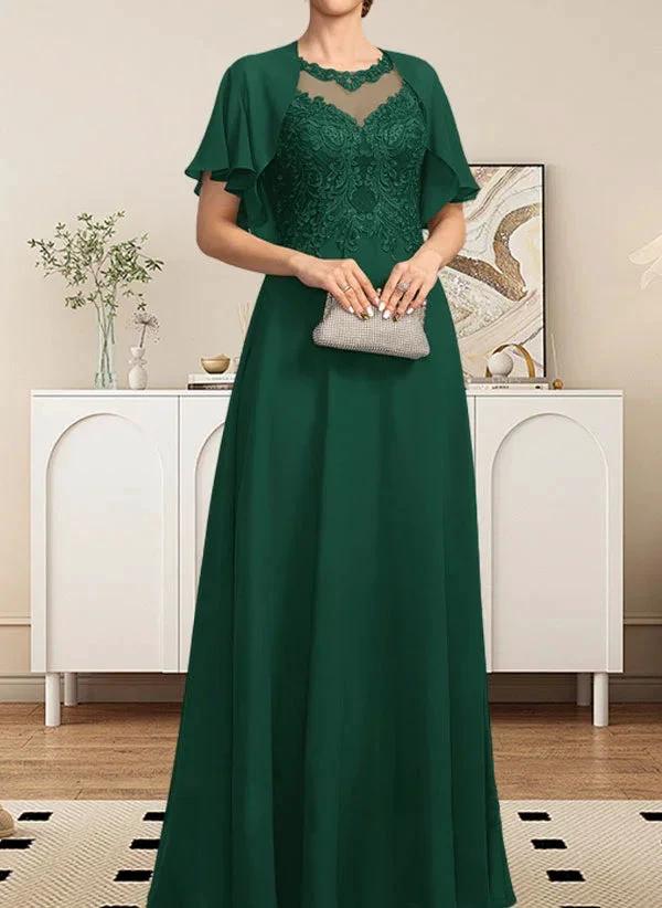 A-line Scoop Illusion Floor-Length Lace Chiffon Mother of the Bride Dress With Sequins by Dreamylily