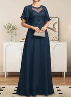 A-line Scoop Illusion Floor-Length Lace Chiffon Mother of the Bride Dress With Sequins by Dreamylily