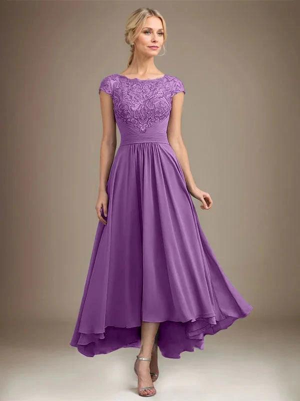 A-line Scoop Illusion Asymmetrical Lace Chiffon Mother of the Bride Dress With Pleated by Dreamylily