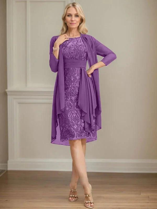Sheath/Column Scoop Illusion Knee-Length Lace Chiffon Mother of the Bride Dress With Cascading Ruffles Sequins by Dreamylily