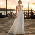 Deep V Neck Chiffon Beach Wedding Dress Elegant Illusion Back Lace Bridal Gowns White Evening Gowns Vestidos De Novia by payinti