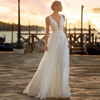 Deep V Neck Chiffon Beach Wedding Dress Elegant Illusion Back Lace Bridal Gowns White Evening Gowns Vestidos De Novia by payinti