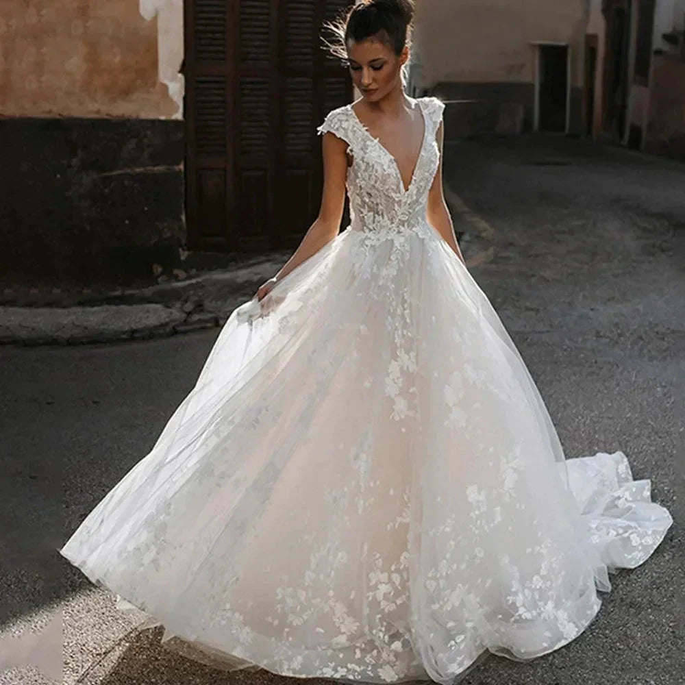 Deep V-neck Wedding Dresses Sexy Open Back Vestidos De Novia Cap Sleeve Appliques Vestido De Noiva by payinti