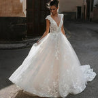 Deep V-neck Wedding Dresses Sexy Open Back Vestidos De Novia Cap Sleeve Appliques Vestido De Noiva by payinti
