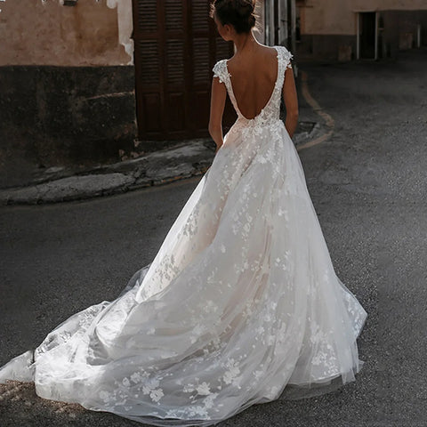 Deep V-neck Wedding Dresses Sexy Open Back Vestidos De Novia Cap Sleeve Appliques Vestido De Noiva