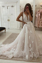 Deep V Neck Lace Wedding Dresses Romantic Bridal Gown With Train WD593 by pgmdress