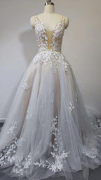 Deep V Neck Lace Wedding Dresses Romantic Bridal Gown With Train WD593 by pgmdress