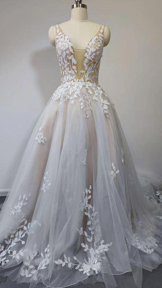 Deep V Neck Lace Wedding Dresses Romantic Bridal Gown With Train WD593 by pgmdress